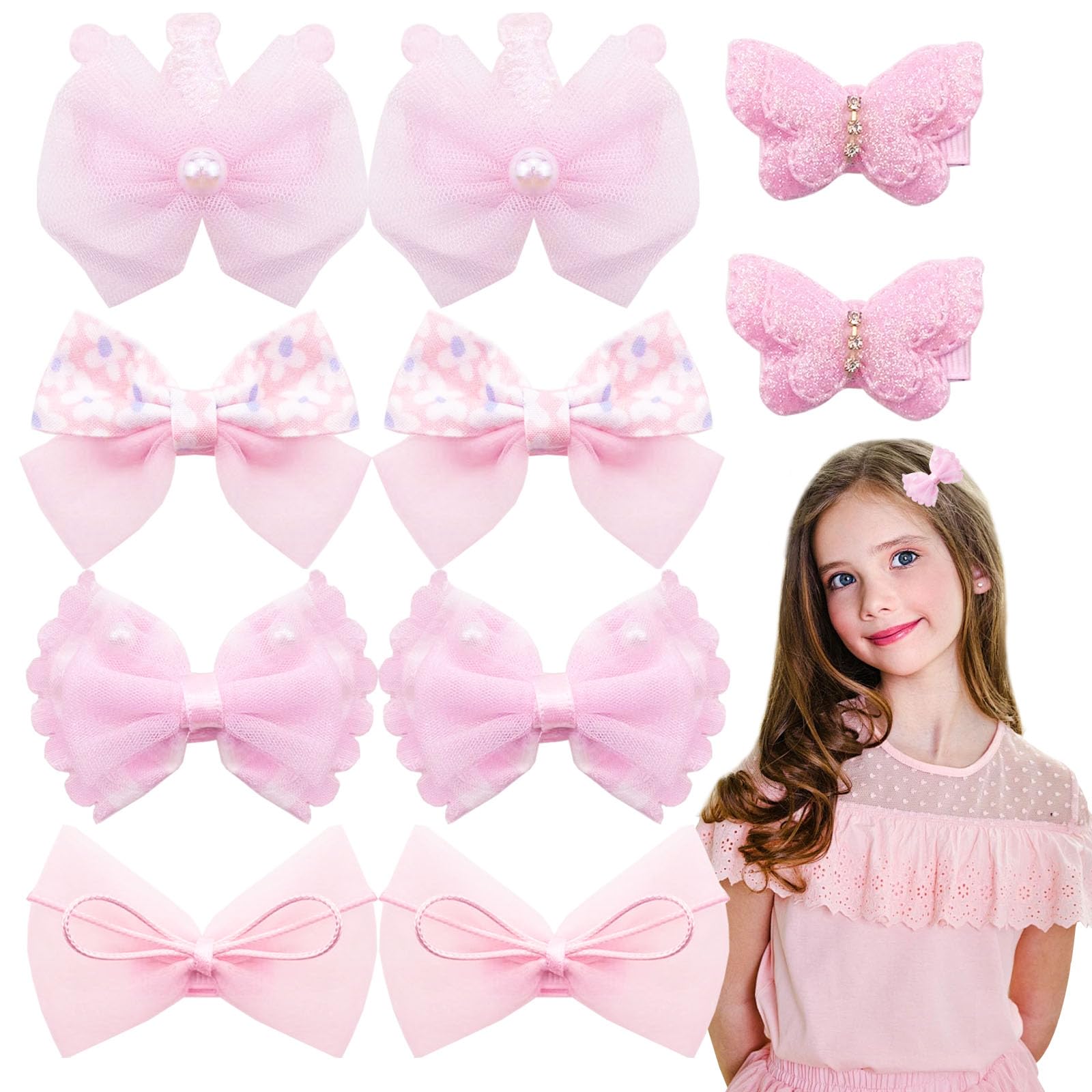 10PCS Pink Bow Hair Clips, Butterfly Crown Shaped Snap Barrettes Small Hair ties Cute Hairpins Girls Hair Accessories