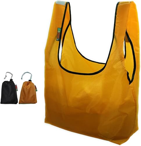 EcoJeannie Bolsa de compras reutilizable plegable de nailon Ripstop con bolsa integrada (negro y mostaza)