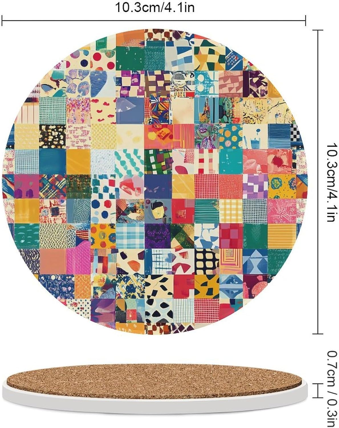 Patchwork Pattern Round Ceramic Coasters for Drinks Absorbent Cup Holder Tabletop Protector with Cork Base