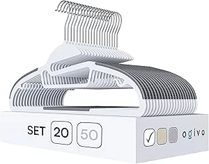 OGIVO Kunststoff Kleiderbügel – 20 er Set – rutschfest Bügel für Ihren Garderobe – kleine Stange für Krawatten – Haken um 360° drehbar – für trockene und nasse Kleidung – platzsparend (Weiß)