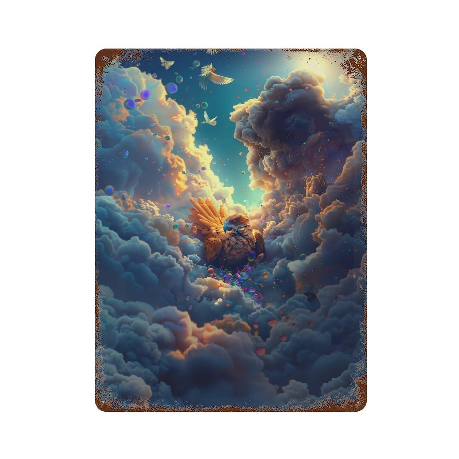 Eagle in Clouds Fantasy Rust Effect Tin Sign 15.7"x11.8", Decorative Metal Wall Art for Living Room, Hallway And Home Decor