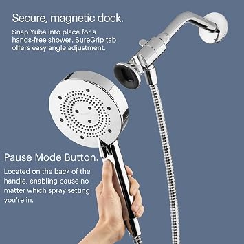 Brondell Nebia Yuba HaloNetic Double Dock Magnetic Handheld Shower Head, 60 Stainless Steel Hose, 5-Setting, Brushed Nickel