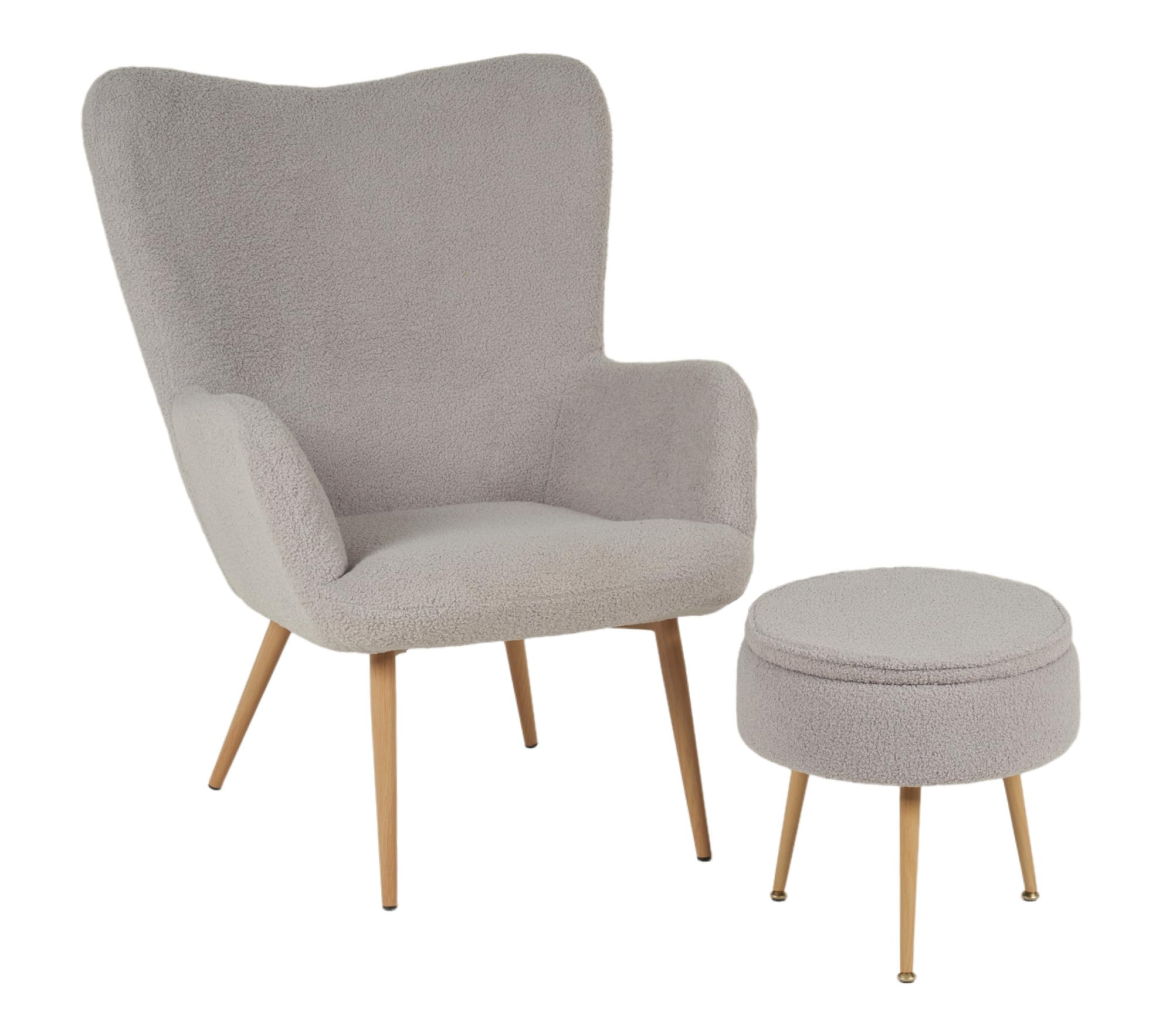 IlGruppone Poltrona Imbottita Ergonomica con Schienale E Braccioli con Poggiapiedi Contenitore Camera da Letto Salotto Moderna Pouf Sedia Effetto Teddy Morbida - Grigio