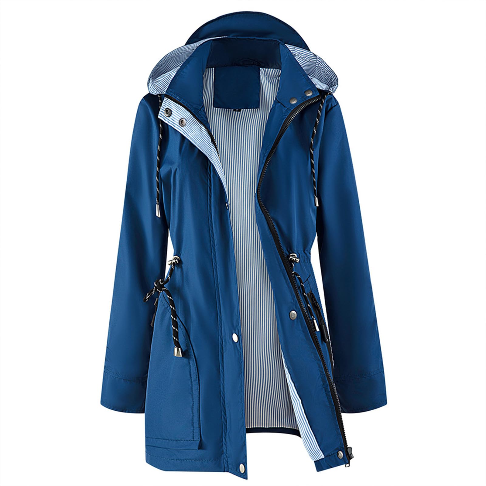 Generisch Giacca impermeabile da donna, leggera, a righe, per arrampicata, con cappuccio, trench (blu, L)
