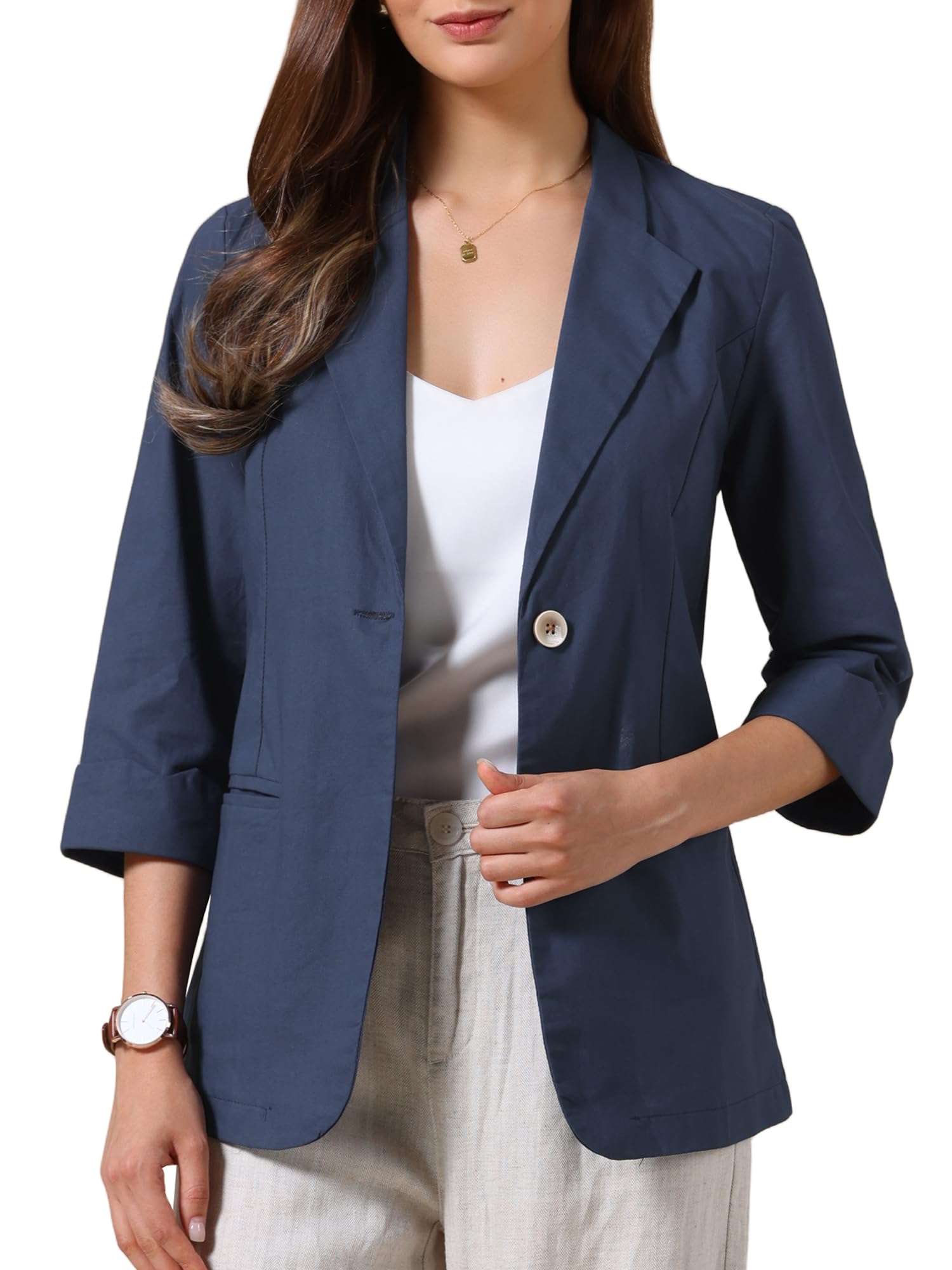 Allegra K Casual Blazers for Women Summer 3 4 Sleeve Lightweight Cotton Linen Suit Jacket Blazer