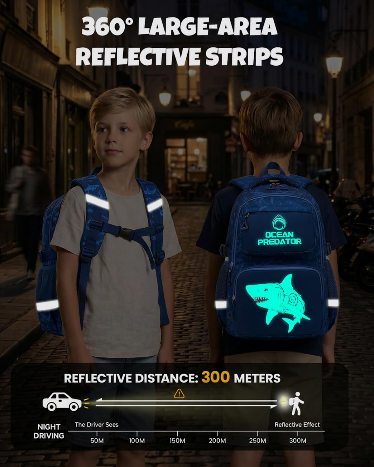 Amythe Zaino Scuola Ragazzi Classi da 1 a 4 Luminoso Leggero Moda, Squalo | Viaggio Riflettente Leggero Squalo Daypack Multitasche Capiente Resistente per Scuola Escursione Tempo Libero