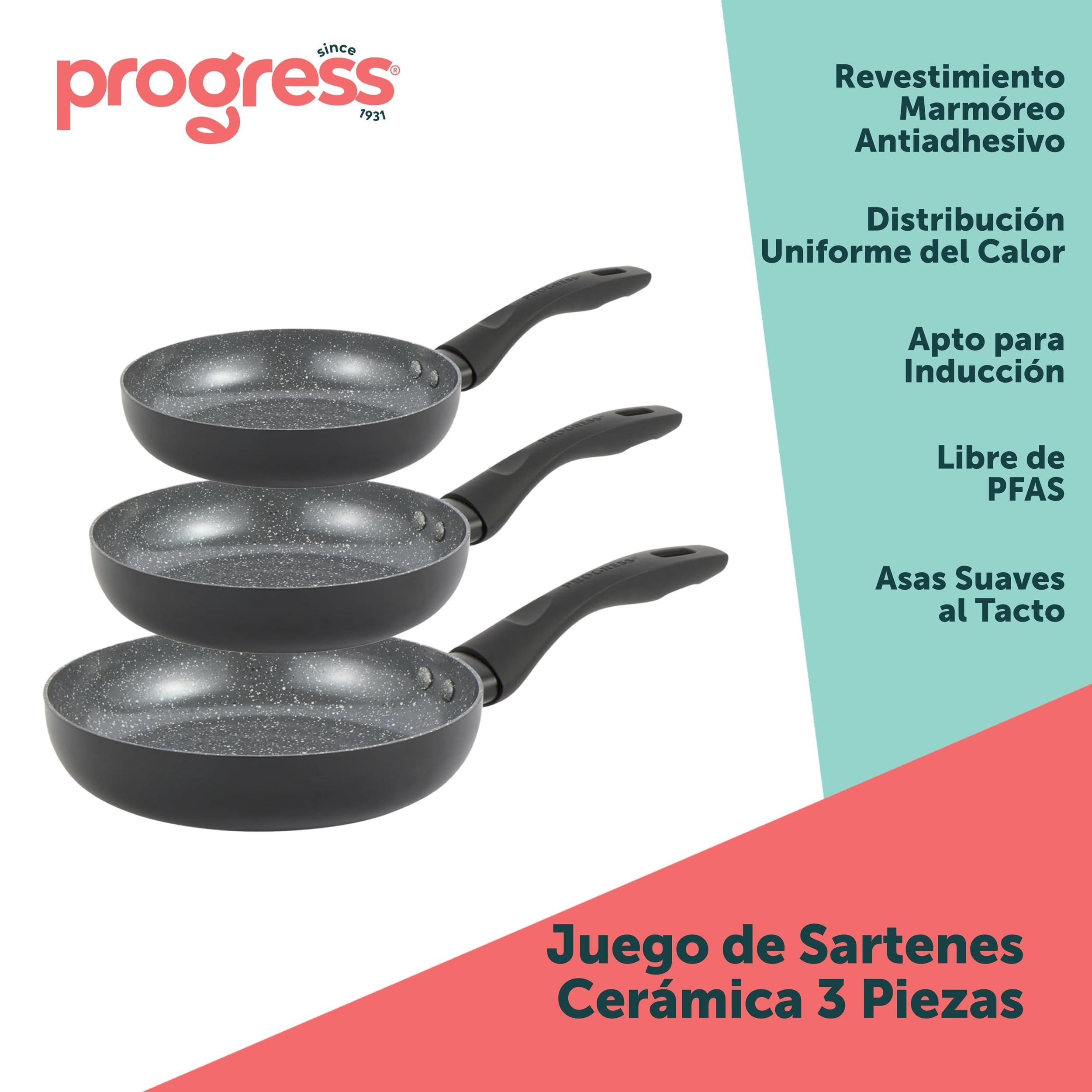 PROGRESS COMBO-8961 - Juego de 3 sartenes de cerámica de mármol, sartenes de 20/24/28 cm, revestimiento antiadherente de cerámica saludable, para tortillas/huevos, sin PFA, apto para placa de