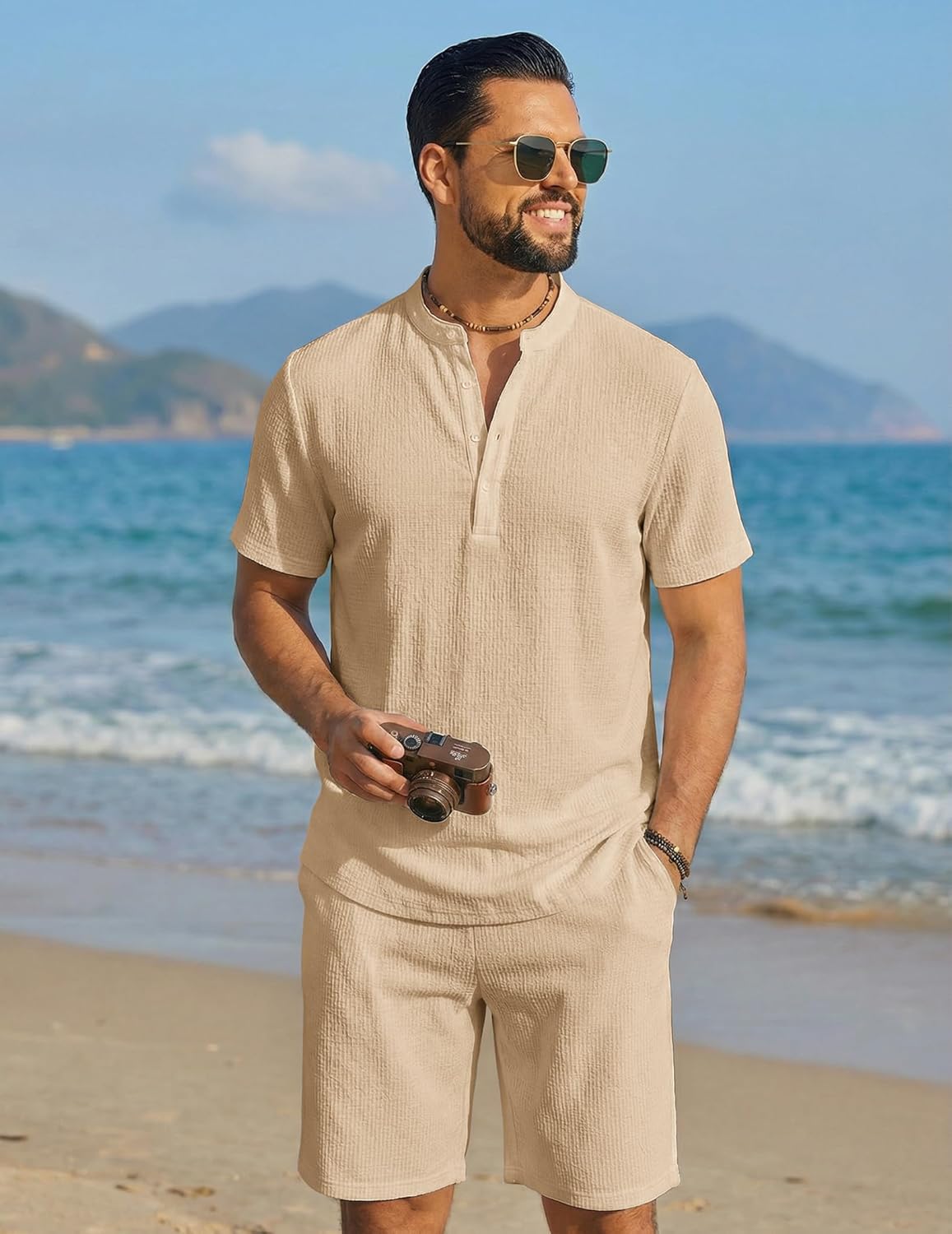 COOFANDY Men's 2 Piece Summer Beach Outfits, Textured Casual Henley Shirt and Shorts Set - Image 3