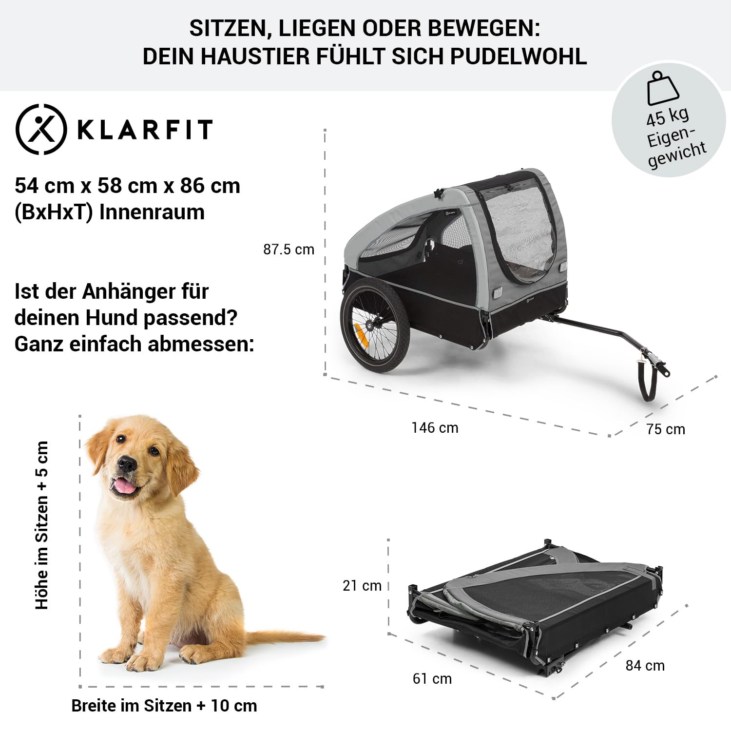 Klarfit Fahrradanhänger für Hunde, 600D Klappbar, Hundeanhänger Fahrrad mit Reflektoren, Warnflagge & Sicherheitsleine, Anhänger mittelgroßer Hund bis zu 45 kg, Hellgrau Haustier