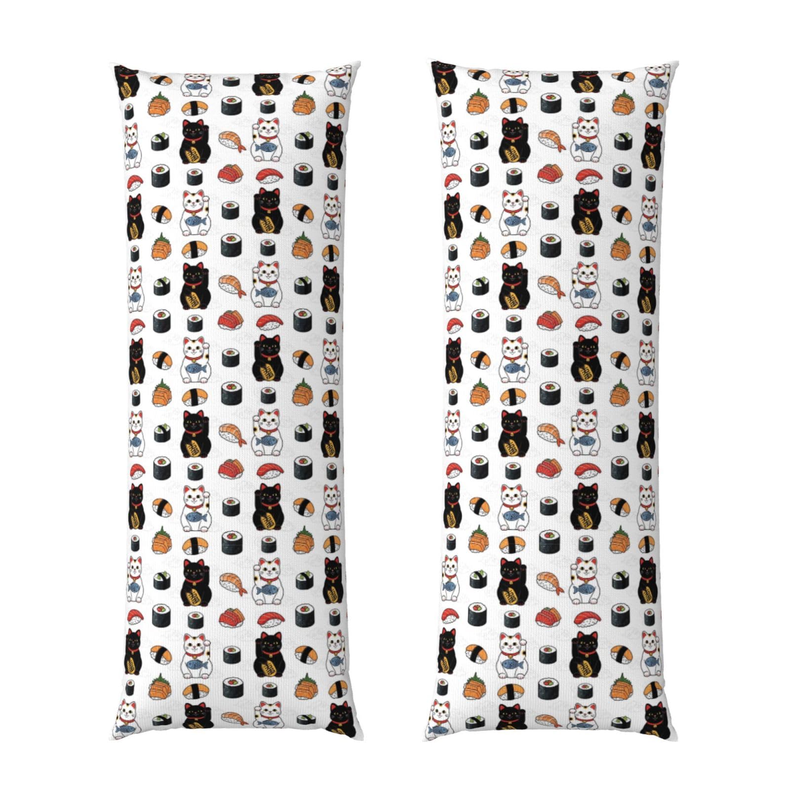 Body Pillow Cover 20x54 Inch, Japanese Sushi and Lucky Cat, Silky Soft Long Pillowcase with Hidden Zipper, Wrinkle Resistant Cushion Case for Couch Bed Home