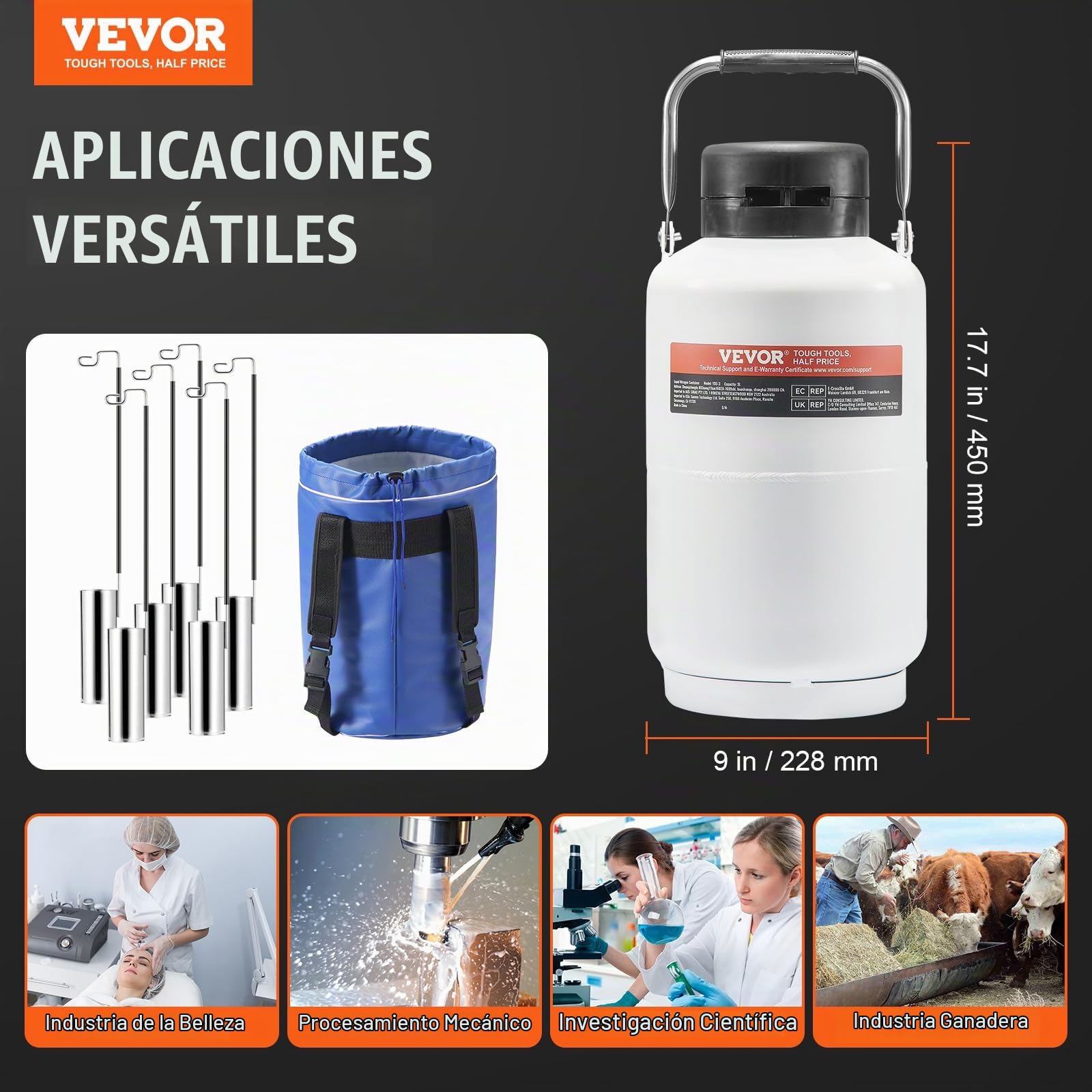 VEVOR Tanque de Nitrógeno Líquido Contenedor de Nitrógeno Líquido de Aleación de Aluminio de 3 L, Tanque LN2 con 6 Botes y Bolsa de Transporte con Correas para Conservación de Semen, Científico