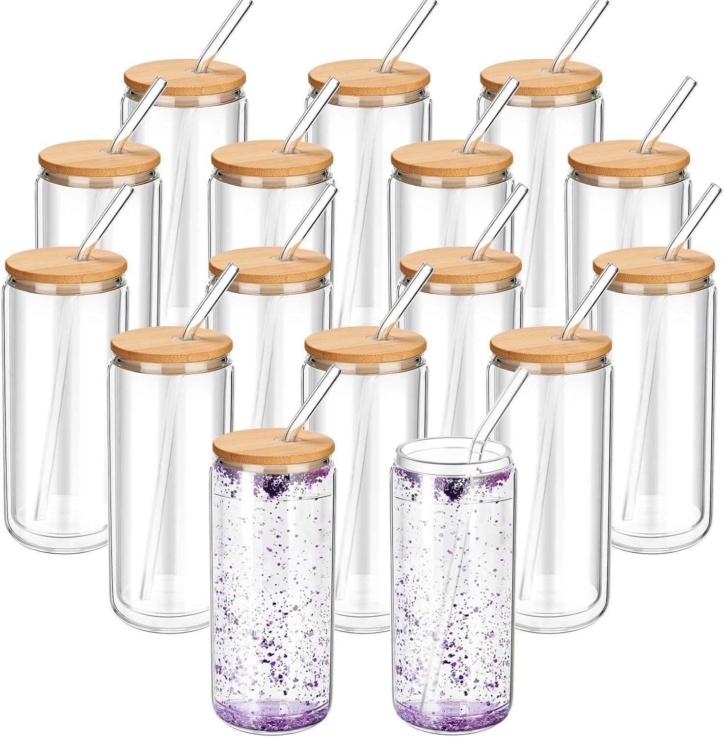 Yaomiao 16 Pack Double Wall Glass Tumbler with Bamboo Lids and Straw 16 oz Sublimation Drinking Glass Cups Pre Drilled Beer Can Cup Tumbler for Glitter DIY Smoothies Tea Cola Juice