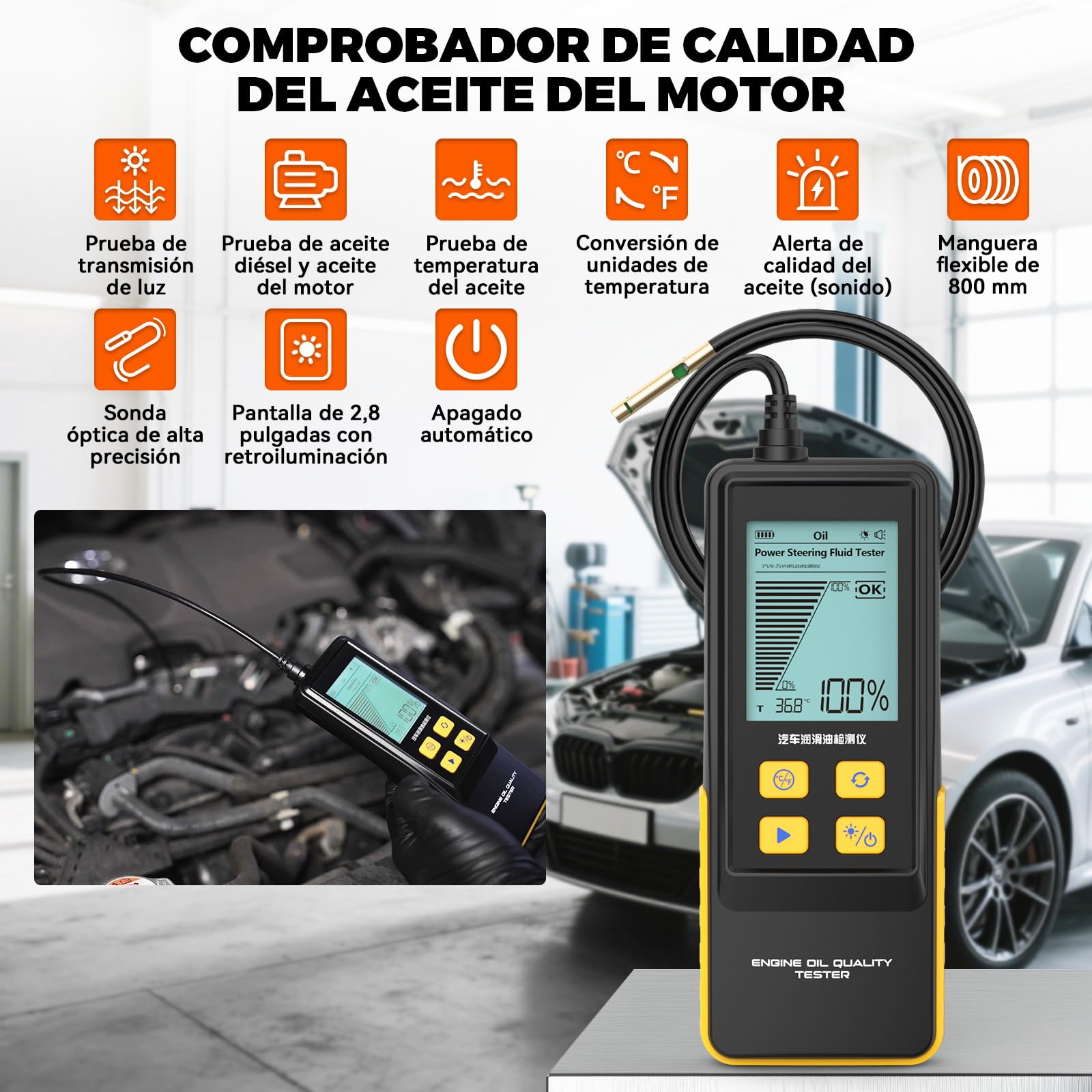 AS503 Comprobador de Aceite para Motores de Gasolina y Diésel, Probador de Calidad de Aceite, Analizador de Aceite de Motor para Coche, Detector de Transmitancia y Temperatura,Alertas Sonoras