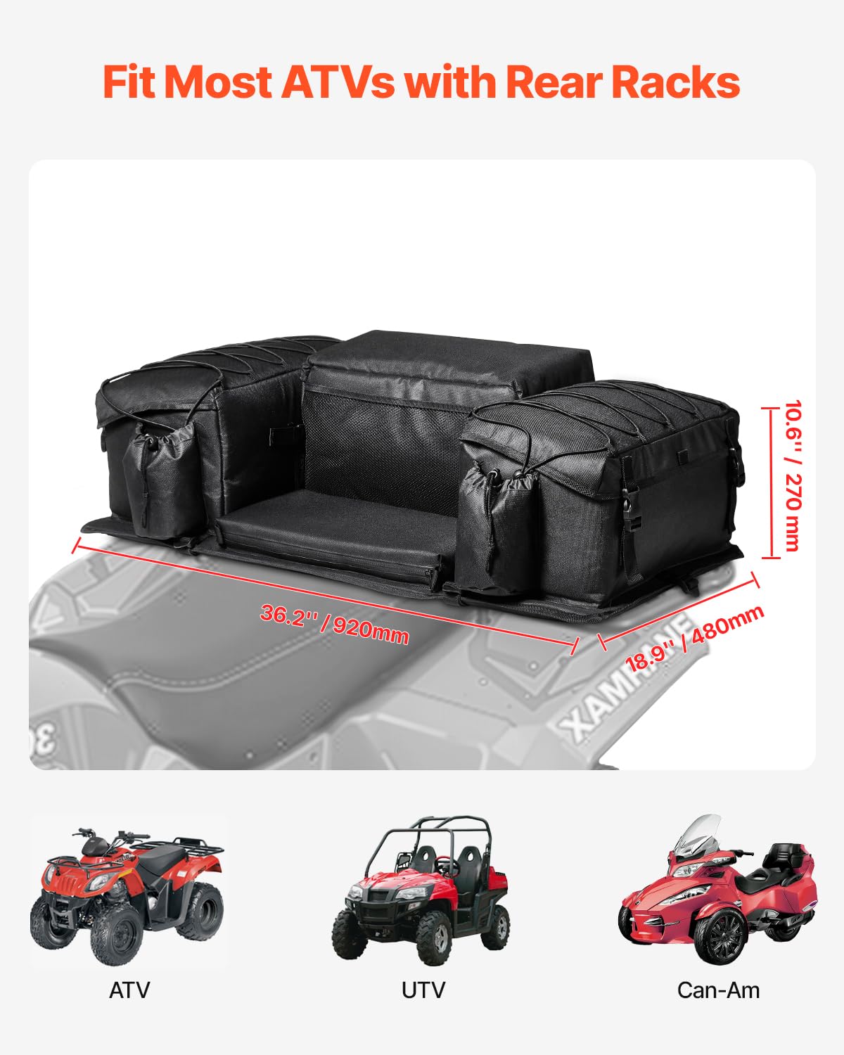 VEVOR Bolsa de Almacenamiento Trasera para ATV, 50 L con Cojín de Asiento de Esponja y Soporte para Botella, de Tela Oxford 600D, Compatible con ATV, UTV, Vehículo Can-Am, 920 x 480 x 270 mm