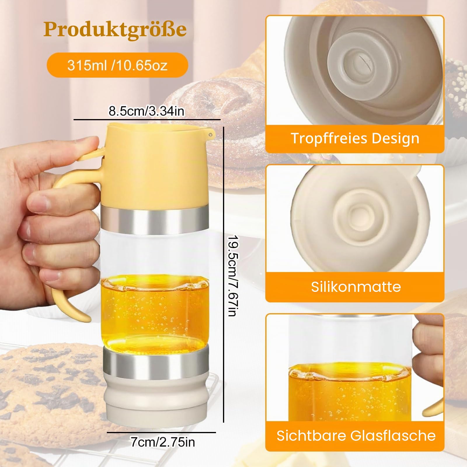 Honigspender Glas350 Ml 10,5Oz Tropfsicheres Honigglas mit Griff, Tropfsicherer Glas Honigspender mit Halterung, Sirupspender Glas Für Kaffee Oder Tee Honigspender Tropffrei Glas1 (Gelb)