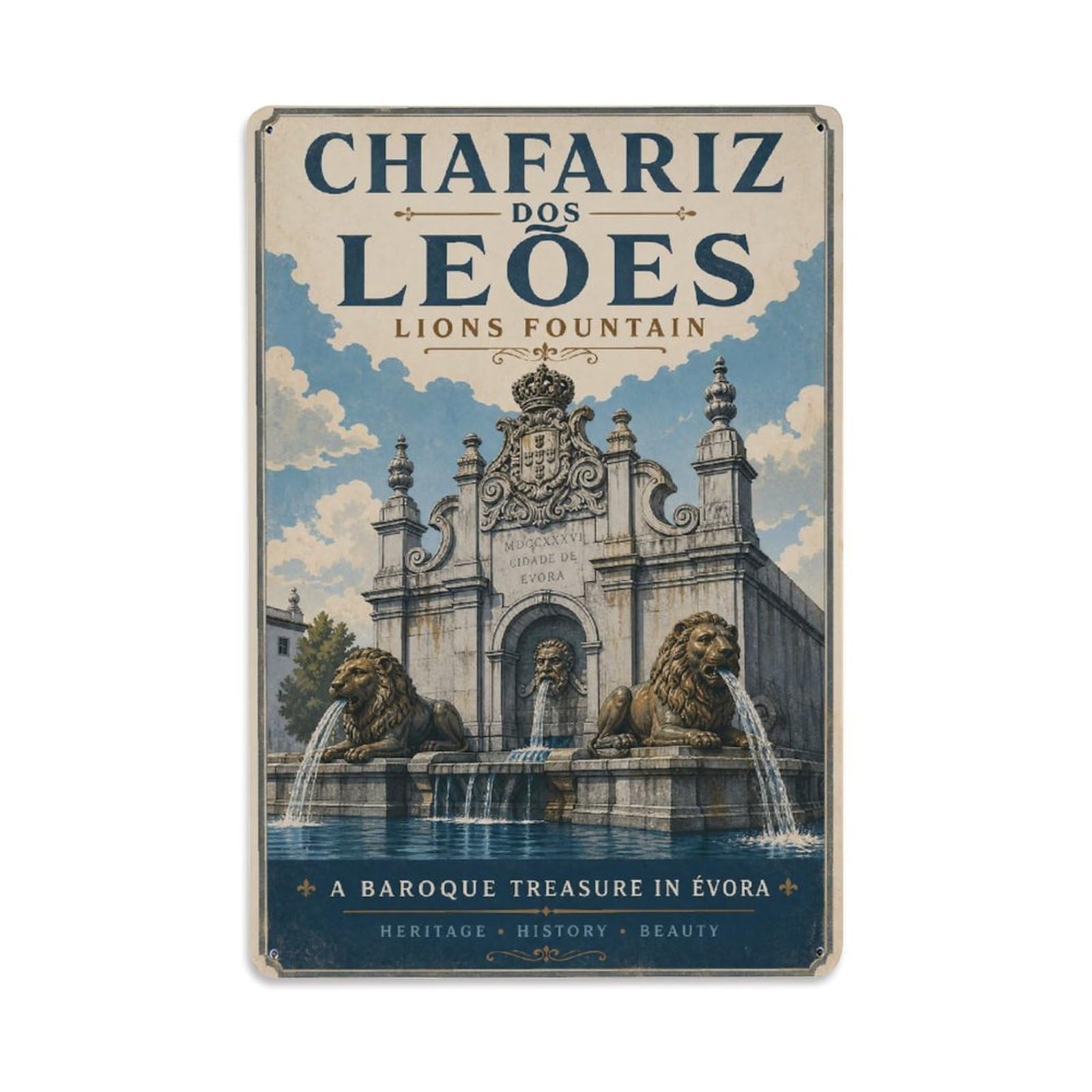 Yrnq 08X12inch Vintage Style Vintage Leoes Fountain Historic Monument Portugal Metal Tin Sign