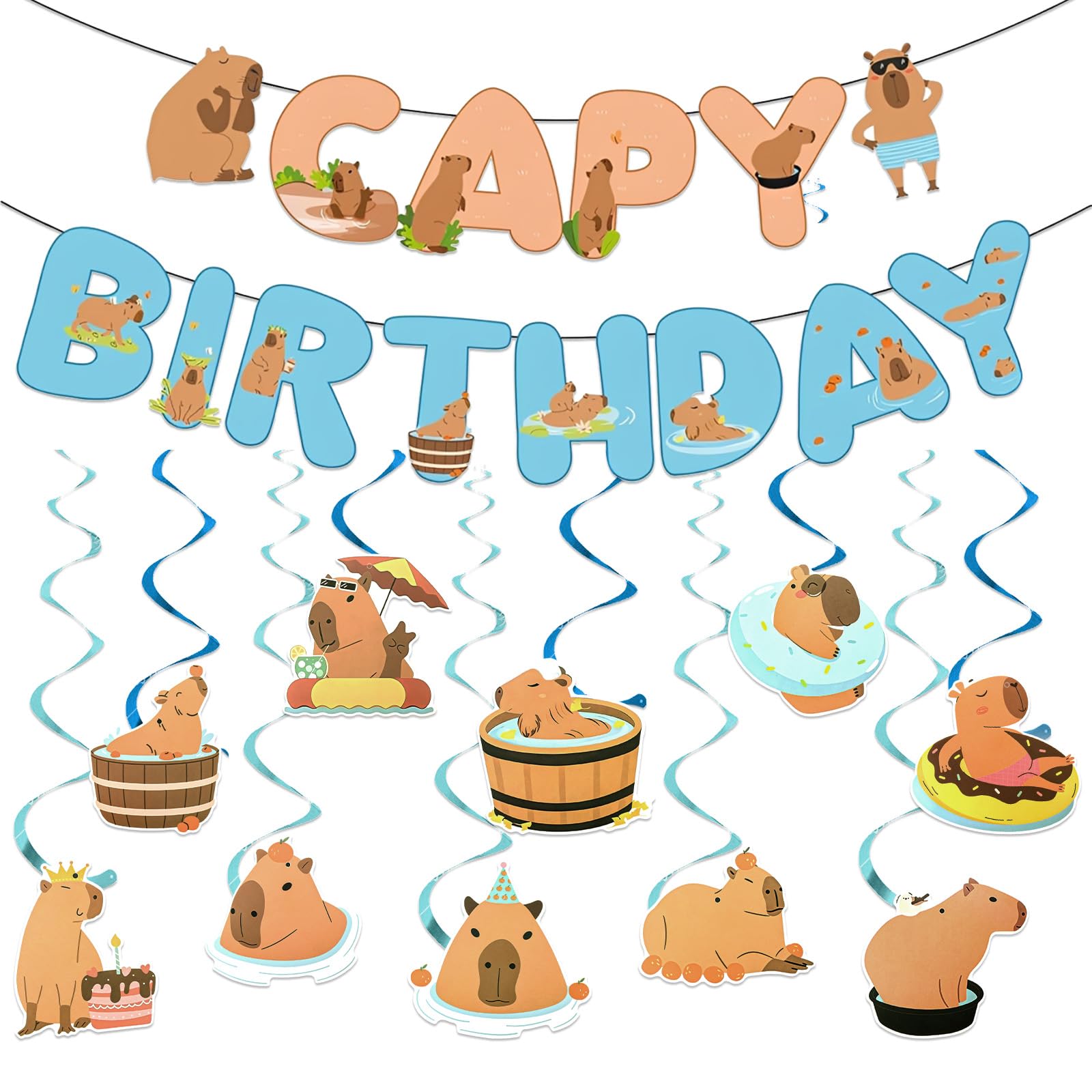Capybara Birthday Decorations, Happy Birthday Party Supplies Include Cute Capy Party Banners 10 Hanging Swirls For Capybara Lover Animal Theme Bday Party Decor