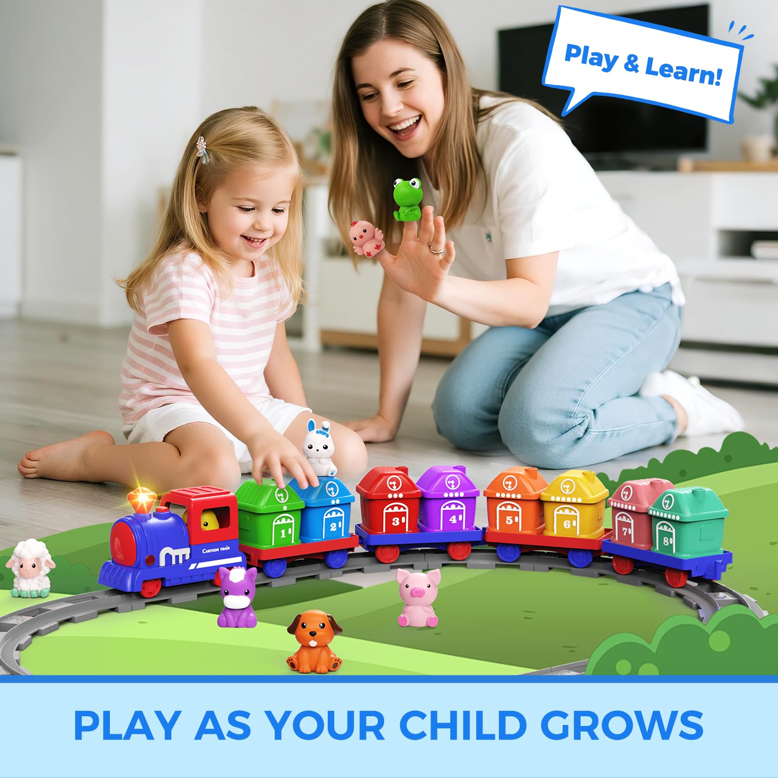 Juego de trenes para niños pequeños de 1, 2, 3, 4 años, juego de tren eléctrico Montessori con actividades de conteo de emparejamiento y clasificación con animales de granja, marionetas de dedo 3