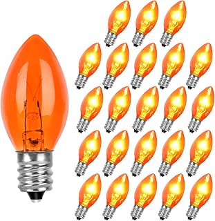Agaphoton 25 Pack Orange Halloween Replacement Bulbs, C7 Clear Orange Flame Replacement Bulbs for Outdoor String Light, C7/E12 Candelabra Base 5 Watt Great for Christmas and Halloween Bulbs
