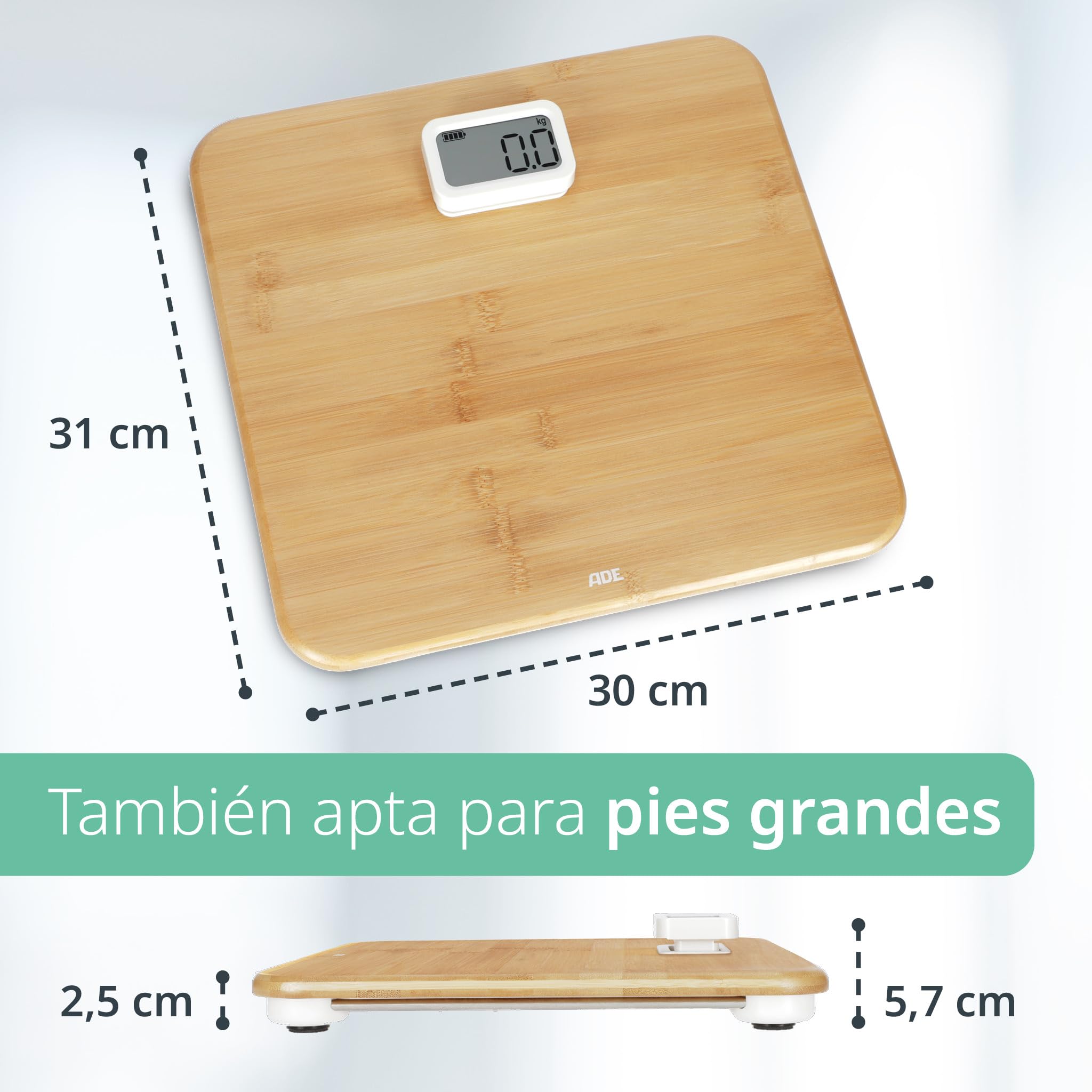 ADE Báscula corporal digital sin pilas | con dinamo respetuoso al medio ambiente | resultados de pesaje precisos en pasos de 100 g | superficie de pesaje de auténtica madera de bambú | hasta 150 kg