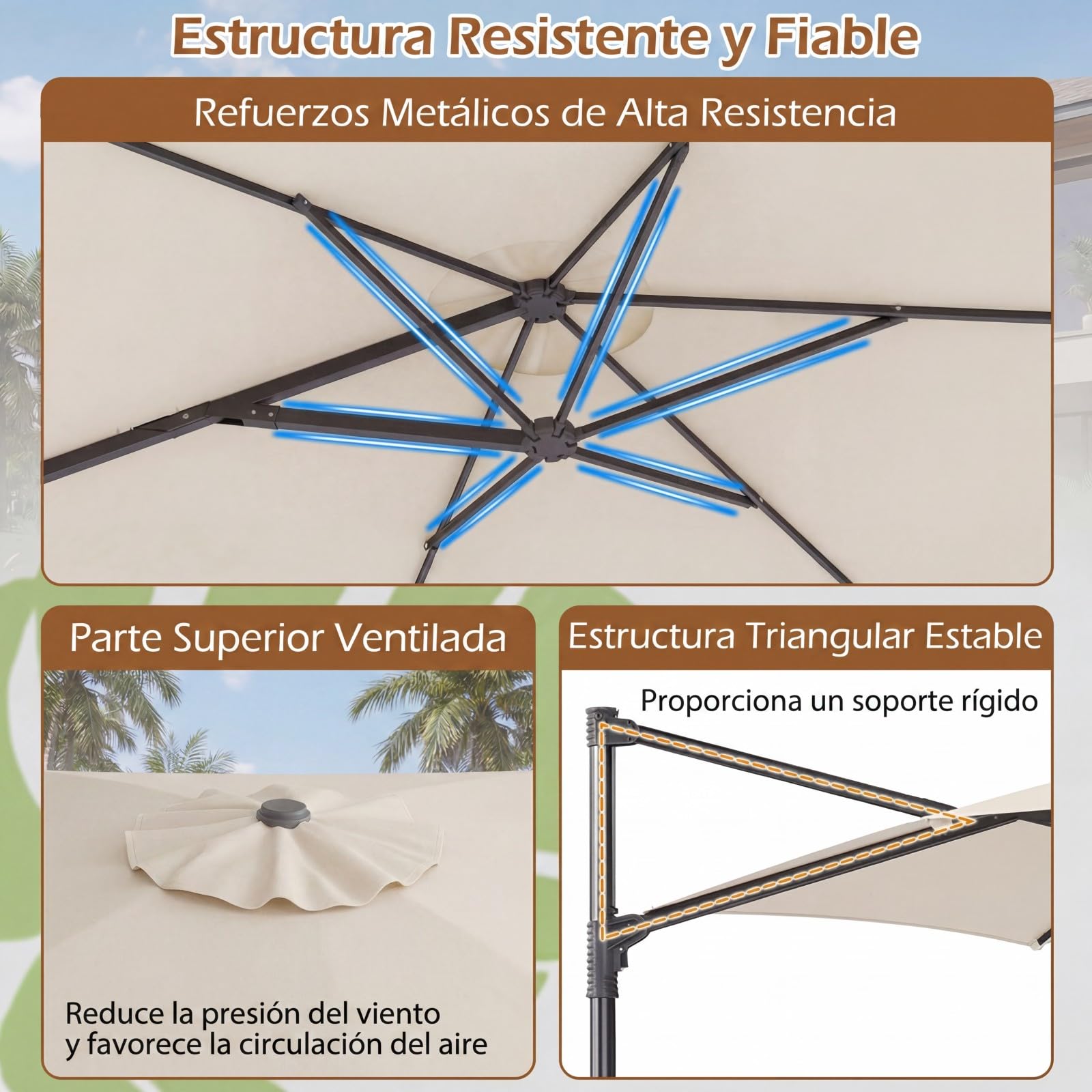 COSTWAY Sombrilla Terraza Exterior, Parasol Excentrico Jardín con Rotación de 360°, Varillas Metálicas y Base en Cruz, Parasol Colgante Exterior para Patio Terraza Piscina (300 cm,Beige)