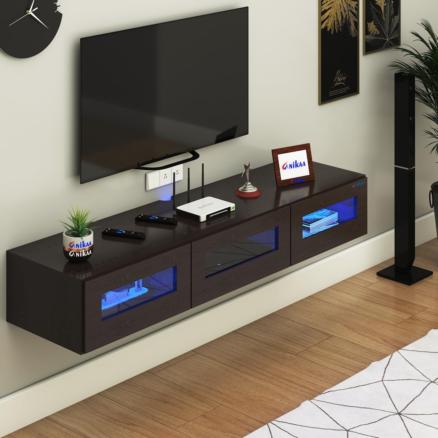 Anikaa Rayza Wall Mount Modern Floating TV Unit for Living Room | 3 Closed Storage cabinets with hinged Door -3 Blue LED Light | Ideal for UP to 65 Inch TV (Wenge Finish - DIY Installation)-image-44