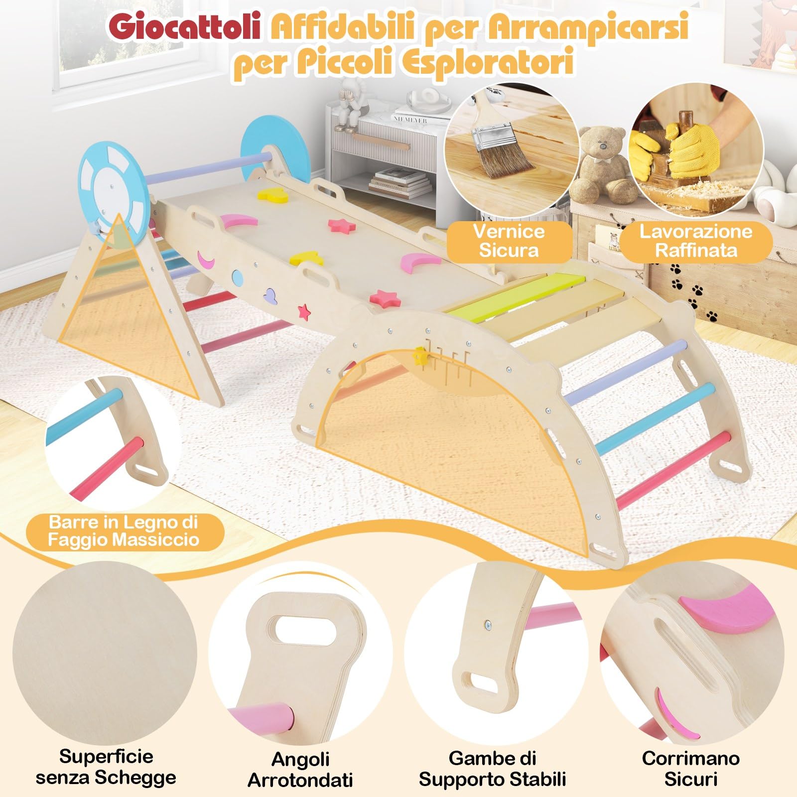 RELAX4LIFE Set da Arrampicata per Bambini, Triangolo di Arrampicata con Scivolo e Arco, Gioco di Incastri in Legno, Gioco Montessori per Bambini 1+ Anni (Marinaio-3 Pezzi | Colorato)