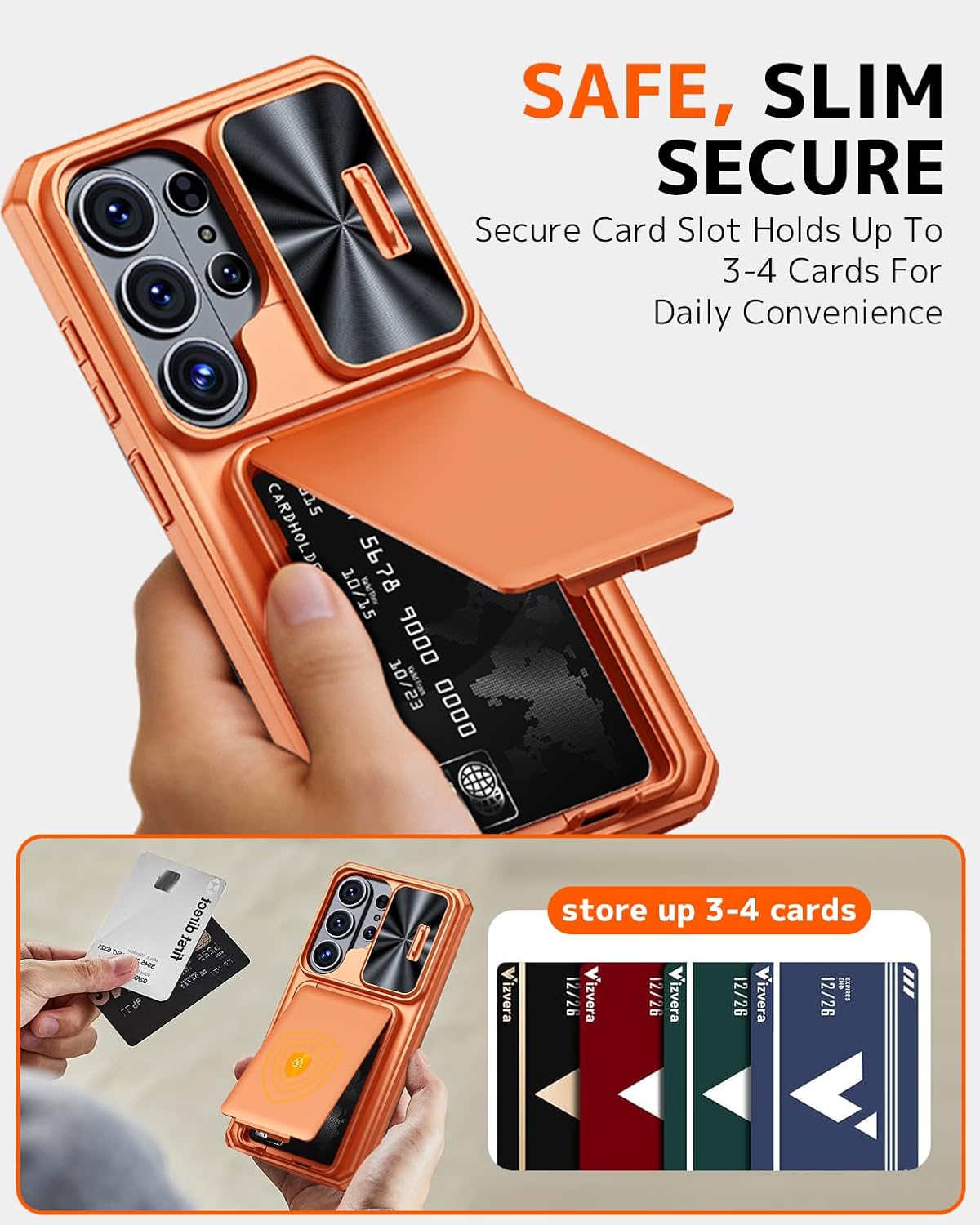 NINKI Card Slot for Samsung Galaxy S26 Ultra Case with with Slide Camera Lens Cover,Slim Rugged Military Grade Drop Protection for Galaxy S26 Ultra Phone Cover with Wallet Kickstand Womens Mens Orange