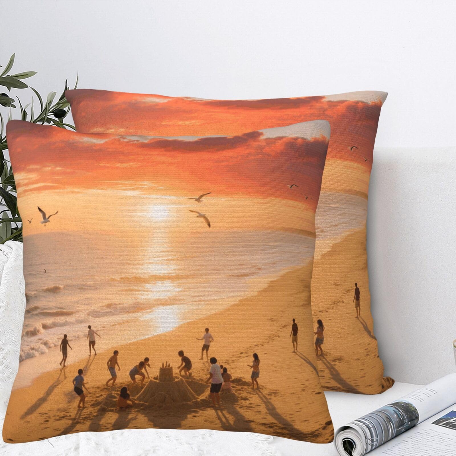 BTCOWZRV Sunset Beach Plush Throw Pillow Covers 18"X18",Soft Cozy Couch Cushion Covers Decorative Pillow Cases for Holiday Home Bedroom Sofa Decors