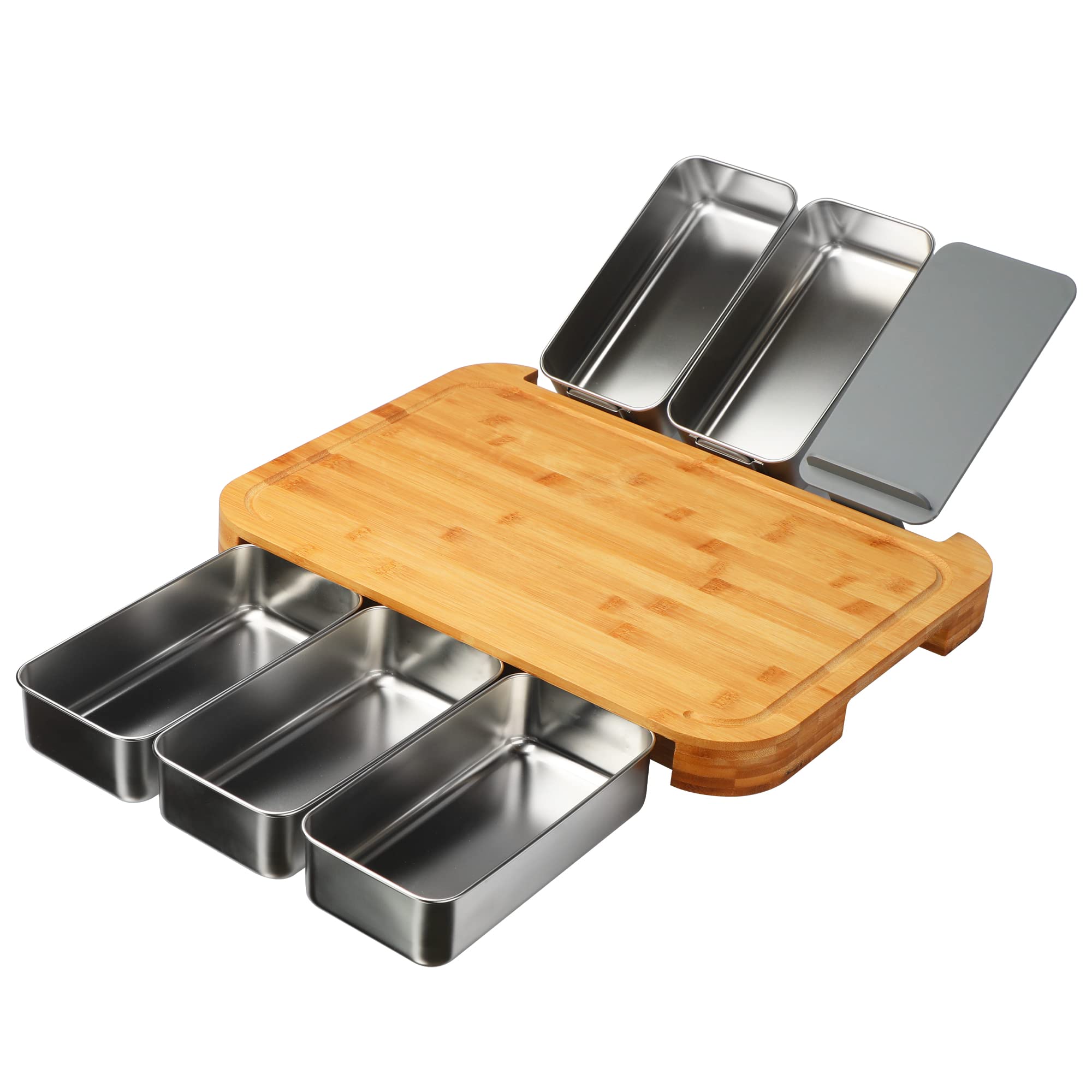 WELTRXE Schneidebrett Holz mit 5 Edelstahlbehälter, 42 x 31 x 3,7 cm Bambus Schneidebrett Set XXL Groß mit 1 Handyhalterung,Küchenutensilien Küchenhelfer Schneidebretter