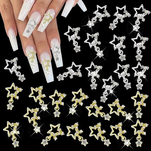 DANNEASY 30 dijes de estrella 3D para uñas, colgantes de diamantes de imitación dorados y plateados para uñas, aretes de metal para uñas, gemas de