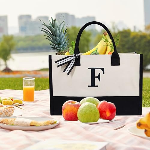 Miniatura 4 de TOPDesign - Bolso de playa de lona con inicial personalizada, bolsa de regalo con monograma, para mujer, Negro & blanco, F