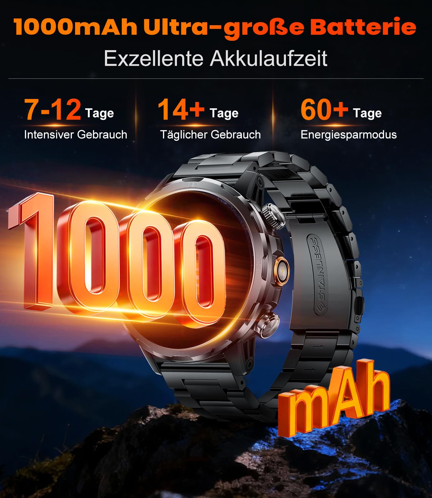 LIGE 1000mAh Großer Akku Smartwatch Herren Militär, 1,85” Sportuhr mit Telefonfunktion,LED Taschenlampe Fitnessuhr mit 100+ Sportmodi, IP68,Herzfrequenz,Schlafmonitor,iOS/Android,2 Armbändern,Schwarz