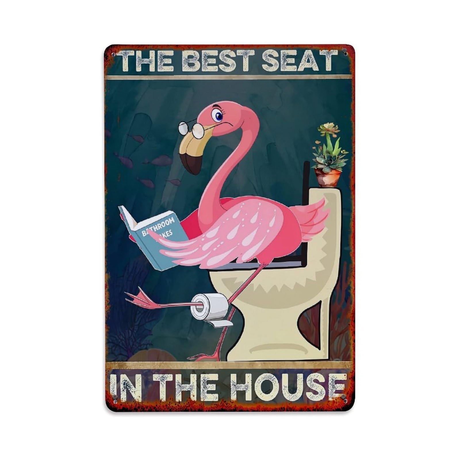 Jdfenggu Vintage Flamingo Reading Book On Toilet Retro Metal Tin Sign, Metal Poster For Bar, Home, Man Cave, Kitchen, Laundry Room Art Decor 8X12 Inch