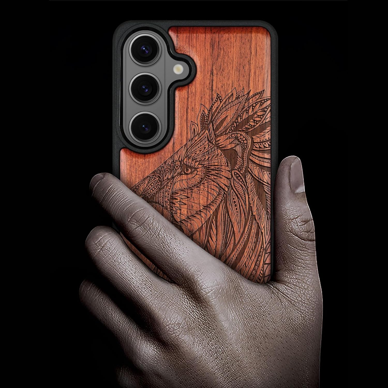 Carveit Magnetic Wooden Case for Samsung Galaxy S26 Case 2026, TPU Shockproof Cover & Wood Artisan Engraved, Compatible with MagSafe Wireless Chargers (The Ornate Lion's Head) Rosy