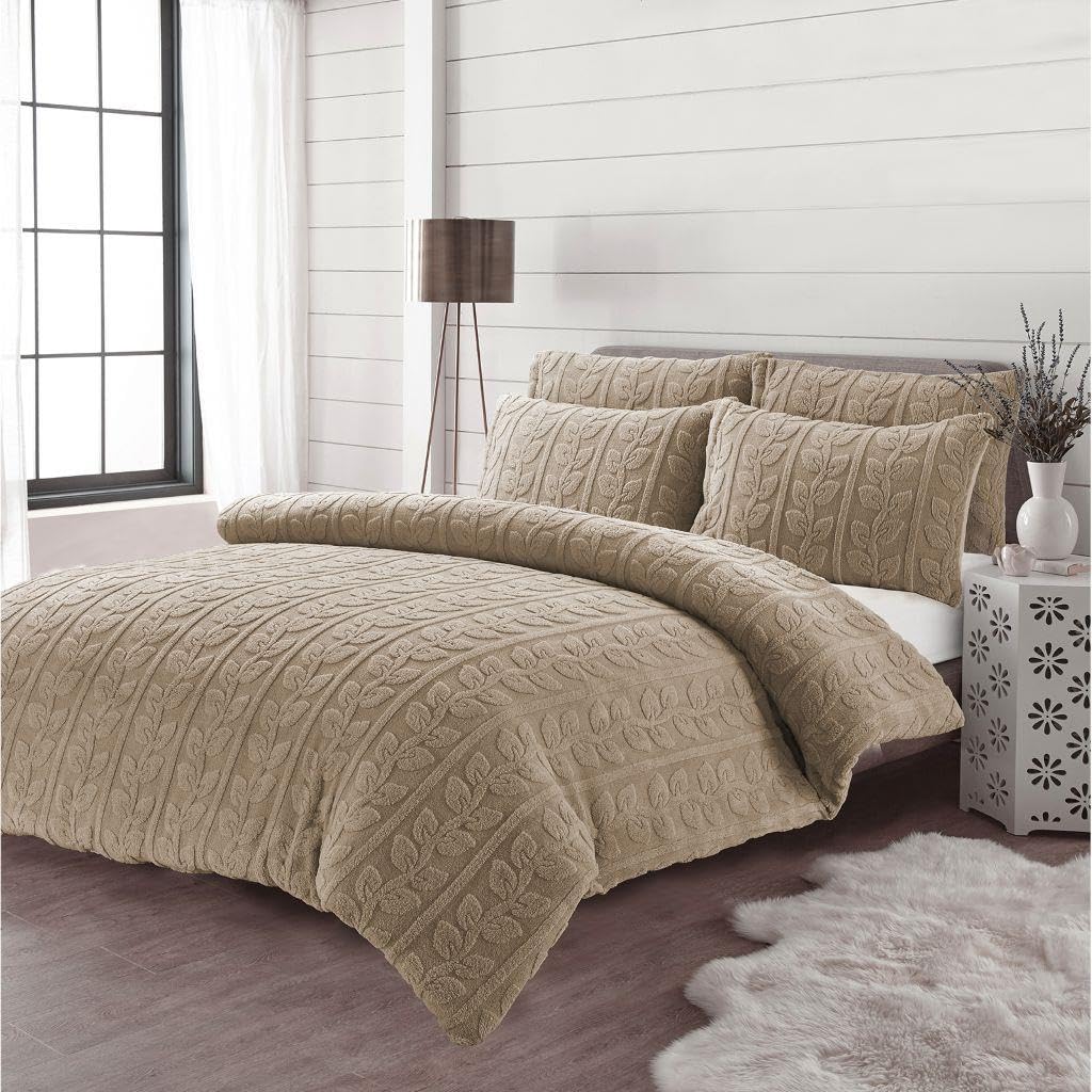 Kampala Hill Leaves Teddy Beige Duvet Cover Set With Pillowcases King Bedding Set