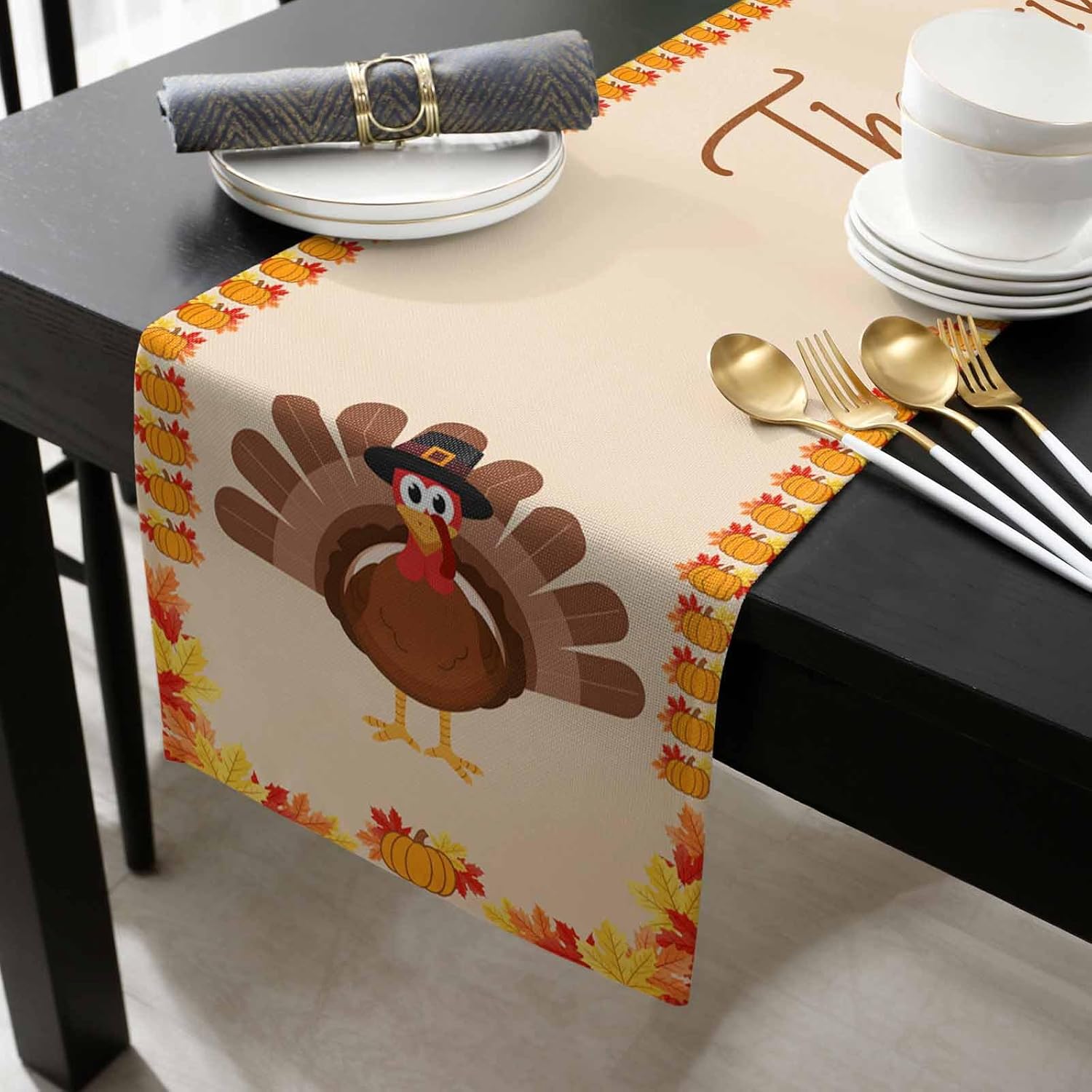 Thanksgiving Table Runner Burlap Table Runner, Fall Harvest Thanksgiving Day Turkey Pumpkins Autumn Maple Leaf Holiday Table Runners 120 inches for Home Kitchen Party Dining/Coffee Tables Decor