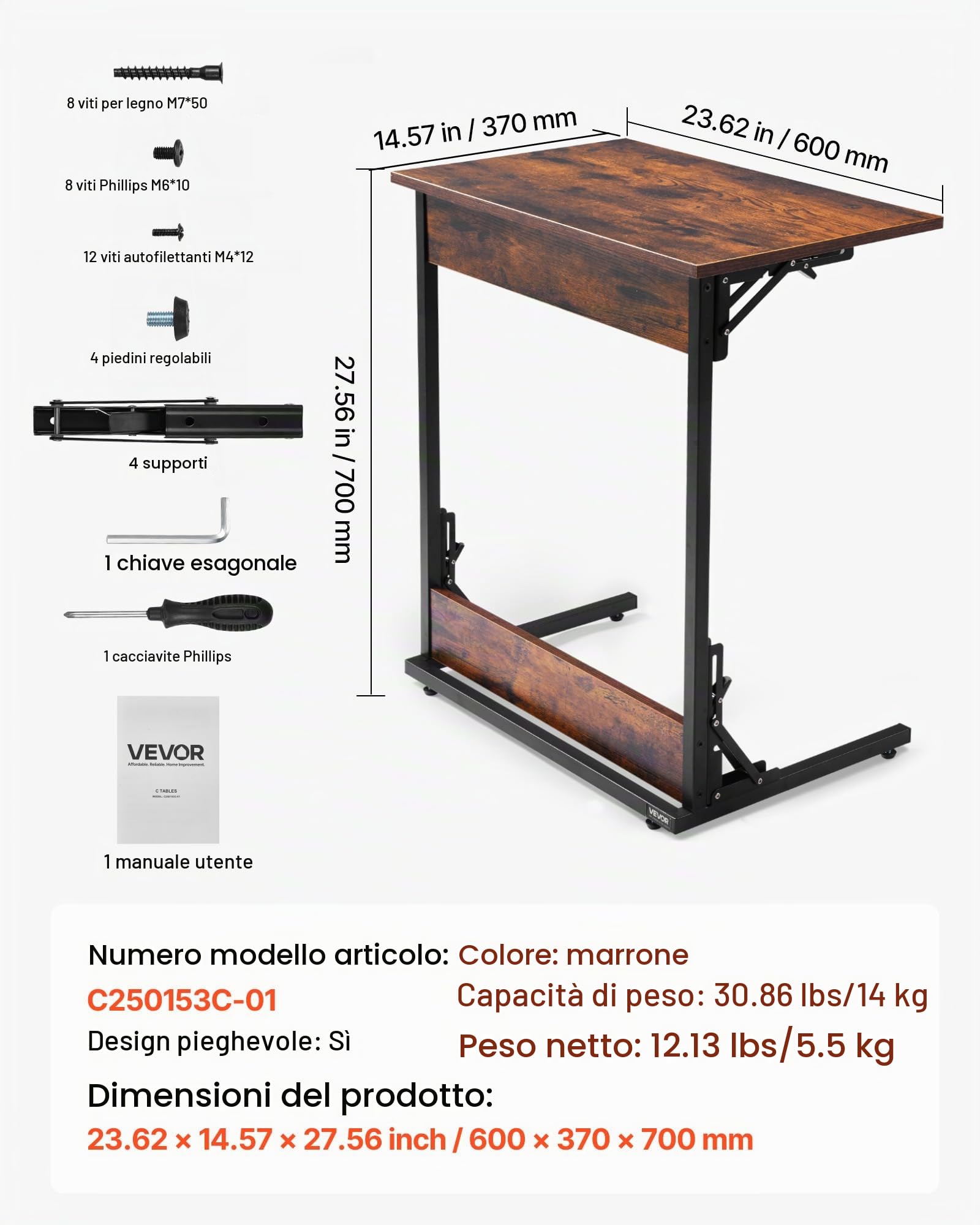 VEVOR Tavolino da Caffè a Forma di C, con Struttura in Metallo e Piedini Regolabili, Tavolini da Salotto Pieghevole, Vassoio TV, Tavolino da Divano, Marrone e Nero, per Soggiorno