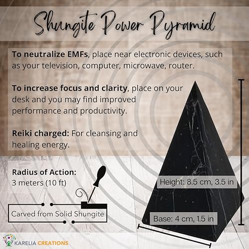 Miniatura 2 de Shungite Power Pyramid – 100% auténtico – Protección cargada de Reiki para limpieza a tierra, energía curativa, oficina en casa, EMR (3.5 pulgadas