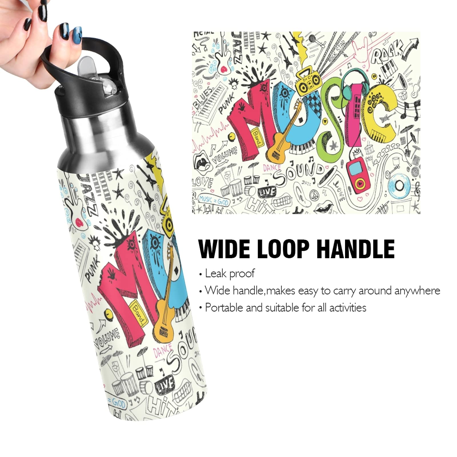 Vnurnrn Simpatico Regalo Musicale Rock Roll Bottiglia Acqua Acciaio Inox, Isolato Borraccia Termica Senza BPA 600ML per Bevande Calde e Fredde per Bambini Sport Ciclismo Scuola