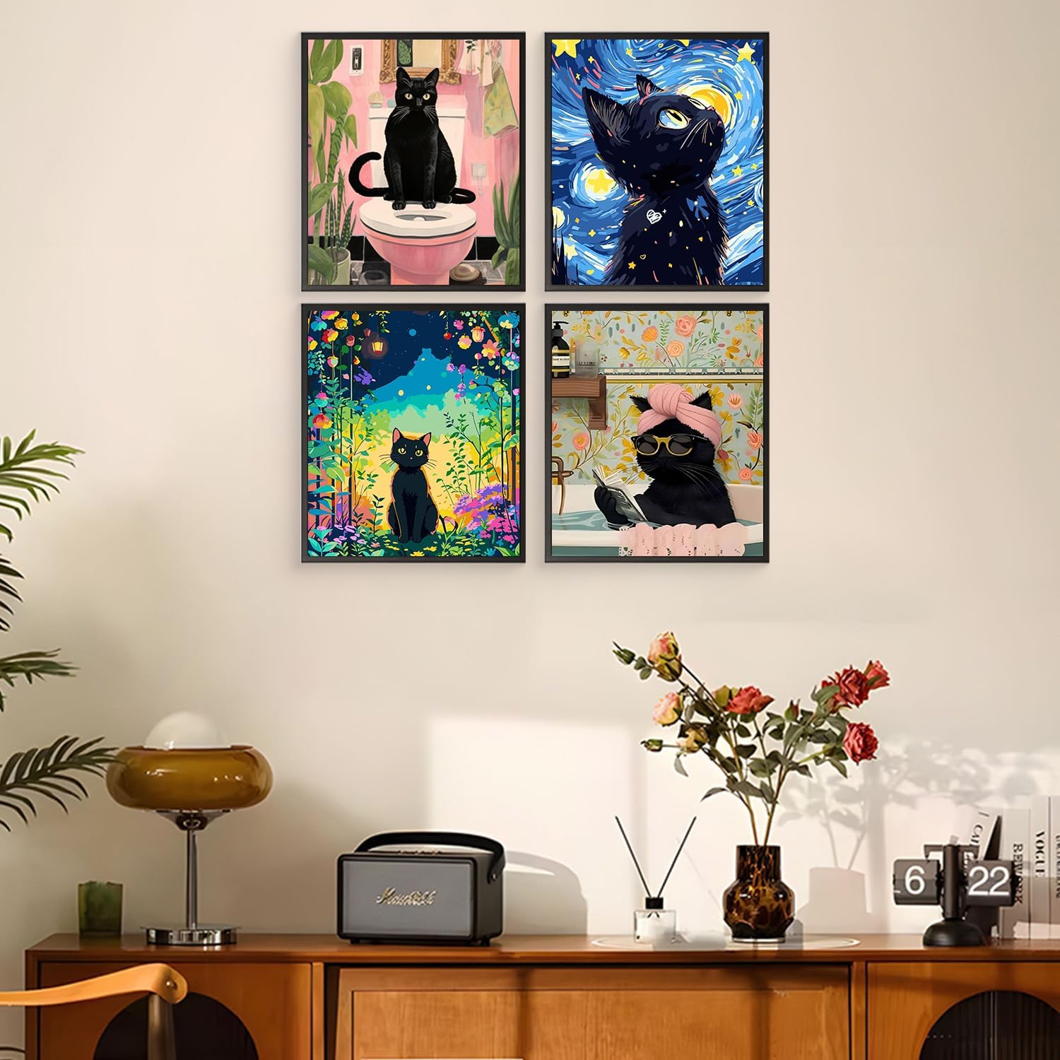 Mandun 4 Pack Paint by Numbers Kit for Adults with Wooden Frames, Cat Paint by Number for Adults Beginners, Black Cat Paint by Numbers on Canvas Acrylic for Home Wall Art Decor 7.8x11.8Inch