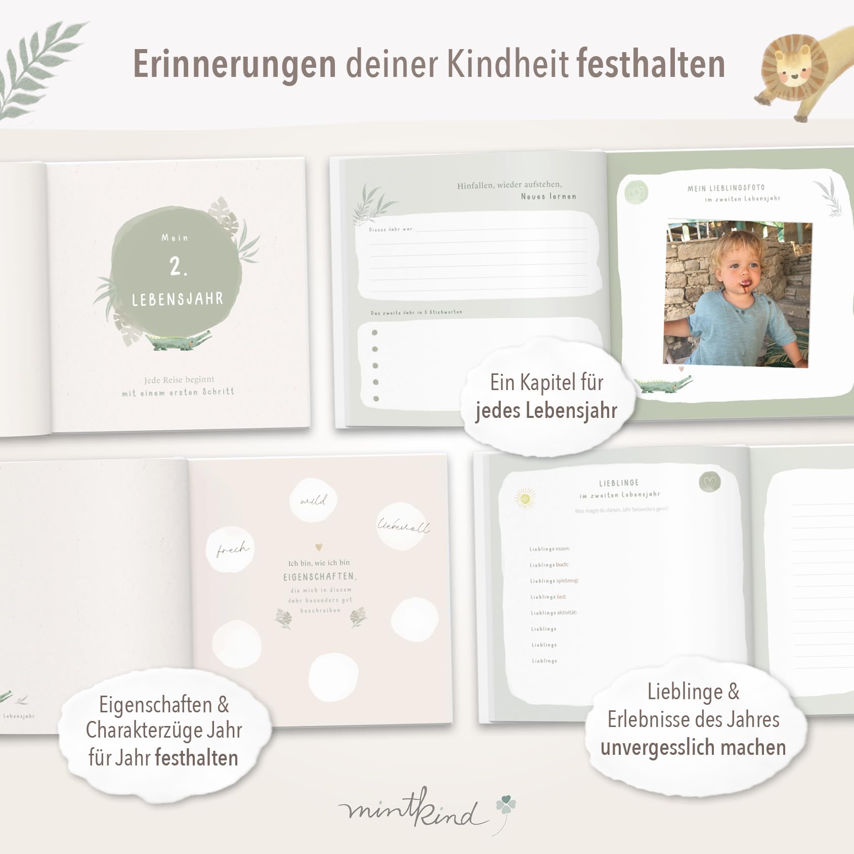 mintkind® Erinnerungsalbum Kindheit Salbei, Babybuch mit Sticker Set, Geschenk zur Geburt, Fotoalbum Kinder, Tagebuch zum Eintragen, Erinnerungsbuch 0–10 Jahre, Hardcover Album
