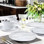 12-Piece Ensembles de vaisselle à la mélamine, ensemble de vaisselle rond blanc moderne pour 4 - Assiette de service pour Snack, Dessert, Salade, Soupe, Pâtes - Motif de marbre blanc