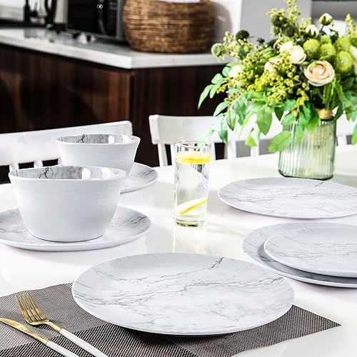 Miniatura 13 de Juego de vajilla de melamina – 12 piezas de platos y cuencos, ideal para fiestas en interiores y exteriores, sin BPA, apto para lavavajillas