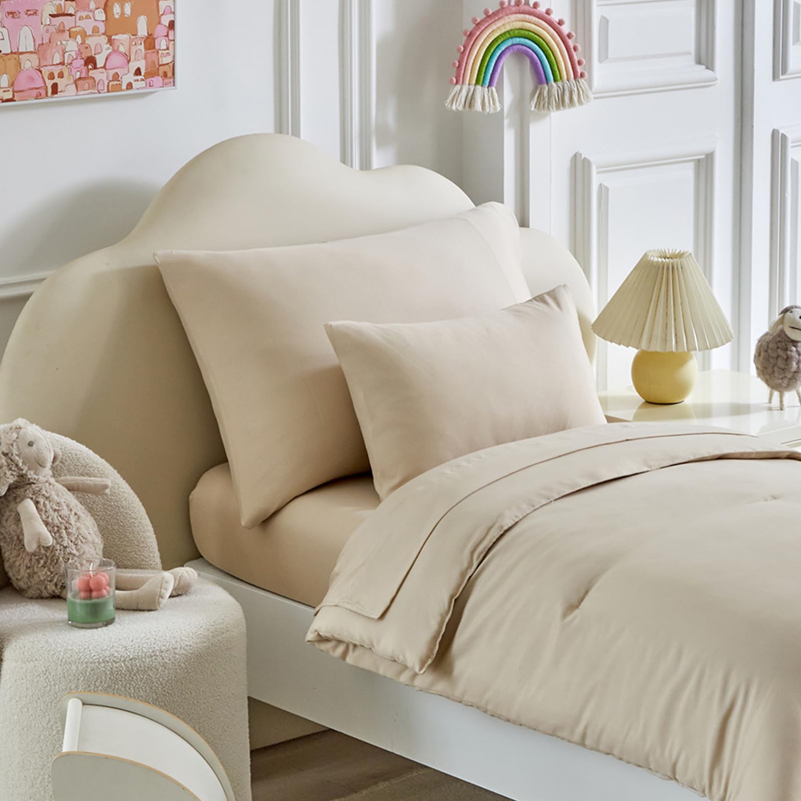 Kids Comforter Sheet Set - Soft and Breathable Bed Set Includes Quilted Comforter, Fitted Sheet, Flat Top Sheet, Pillowcase and Pollowshams For Boys Girls - 7 Pieces Bed in a Bag Full Szie Beige