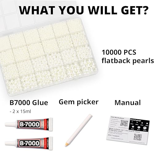 Miniatura 2 de 10000 piezas de perlas planas de marfil con kit de pegamento para manualidades de abalorios, calzado, arte de uñas y decoración, tamaños mixtos de 2