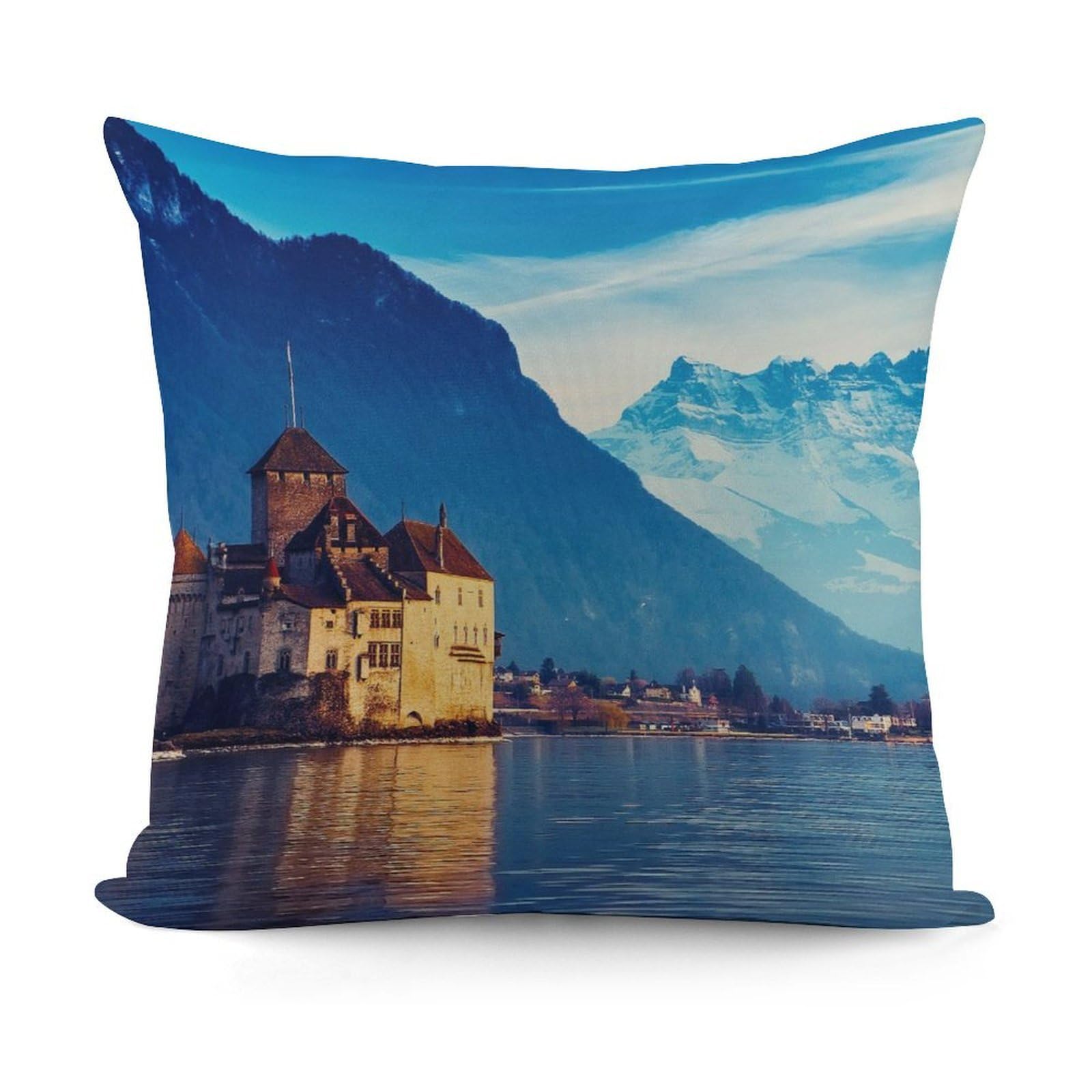 FekiLoot Lake Geneva Switzerland Plush Cushion Covers, Double-Sided Throw Pillow Covers with Invisible Zipper, Comfortable Soft Square Cushion Cases for Sofa Bedroom Living Room 18x18 Inch (45x45cm)