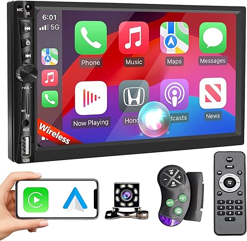 Estéreo inalámbrico de 7 pulgadas de doble DIN para Apple Carplay y Android Auto (7.008 x 4.016 in), pantalla táctil estéreo para auto con Bluetooth