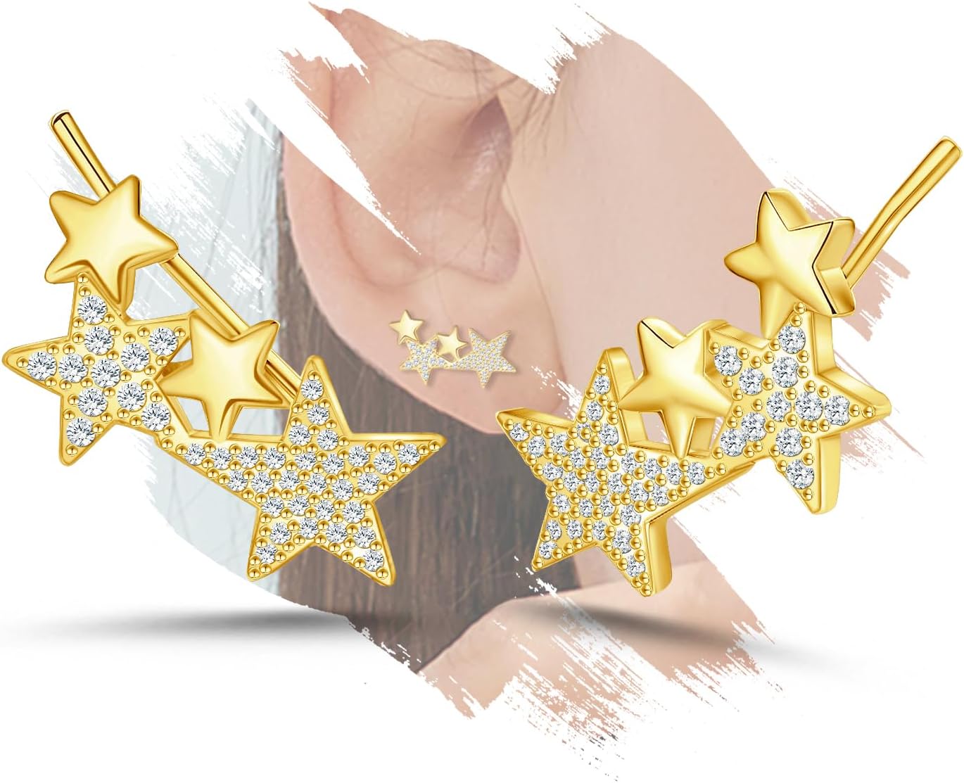 Sterling Silver Star Earrings for Women - Hypoallergenic Cubic Zirconia Stars Ear Climber Earrings Sparkle Star-Shaped Earring Dainty Jewelry Gifts for Christmas Birthday