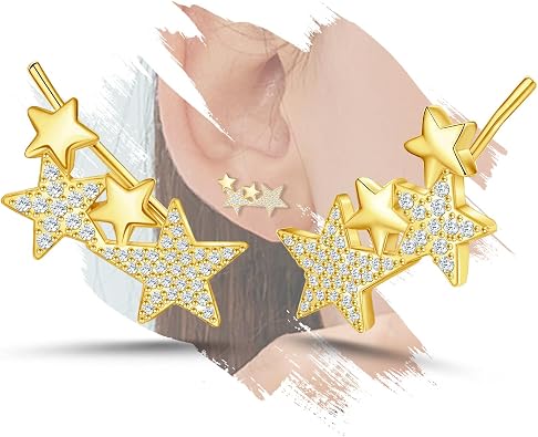 Sterling Silver Star Earrings for Women - Hypoallergenic Cubic Zirconia Stars Ear Climber Earrings Sparkle Star-Shaped Earring Dainty Jewelry Gifts for Christmas Birthday